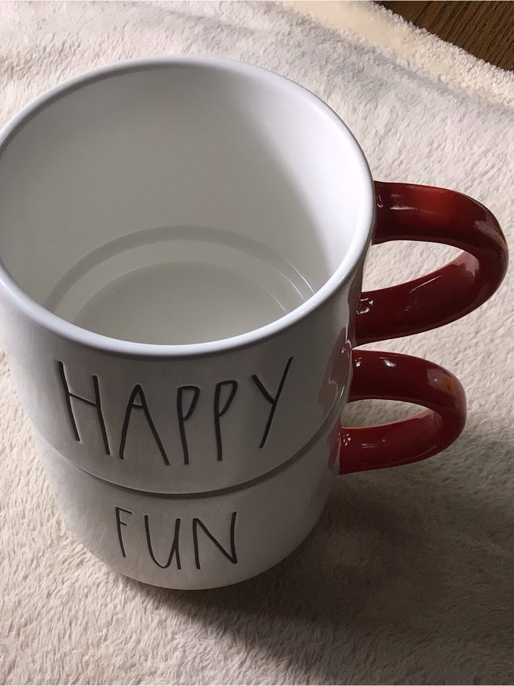 Rae Dunn White Stackable Mugs with Red Handles - 'Happy' & 'Fun'